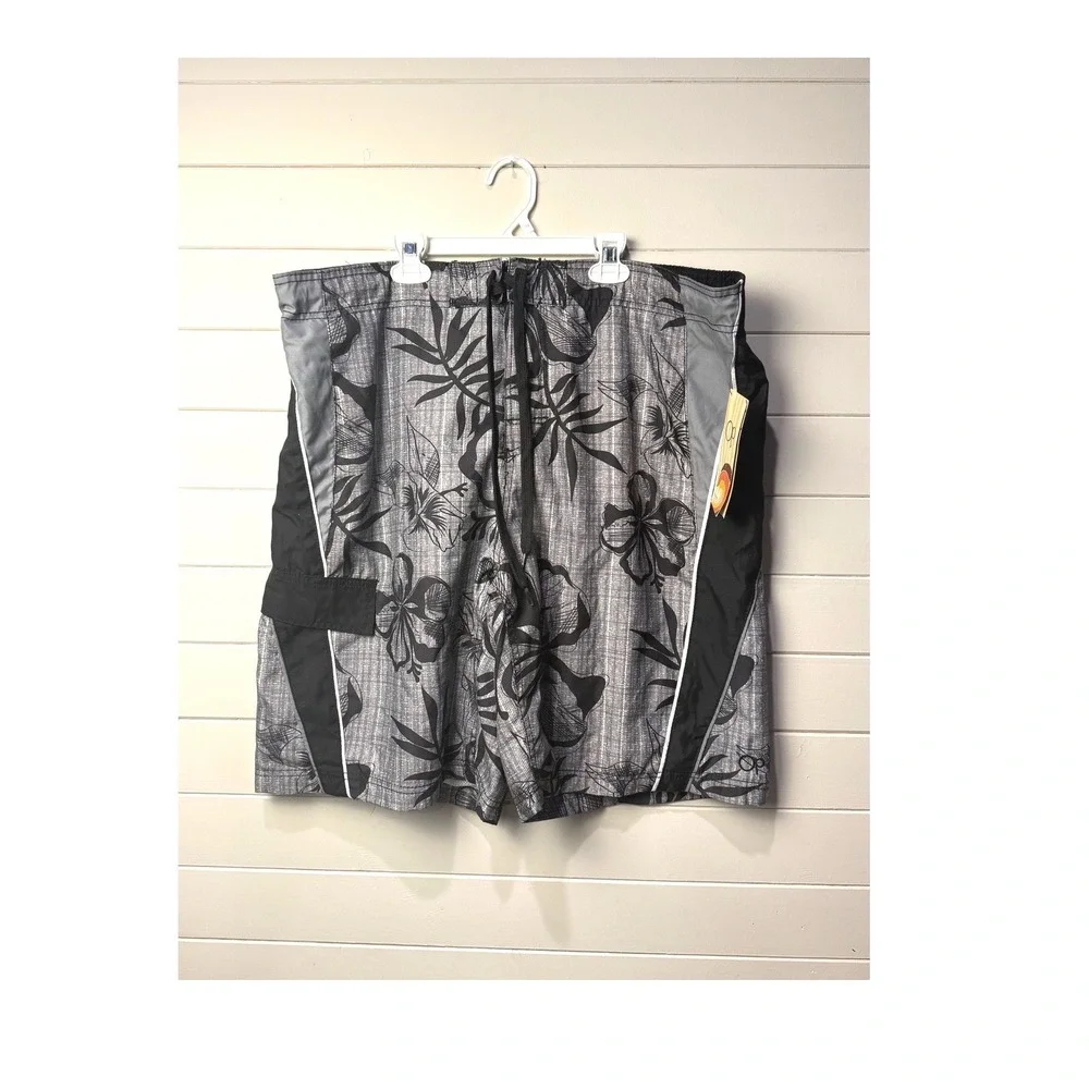 Ocean Pacific OP Board Shorts Mens XL 40 Gray Floral Swim Trunks NWT